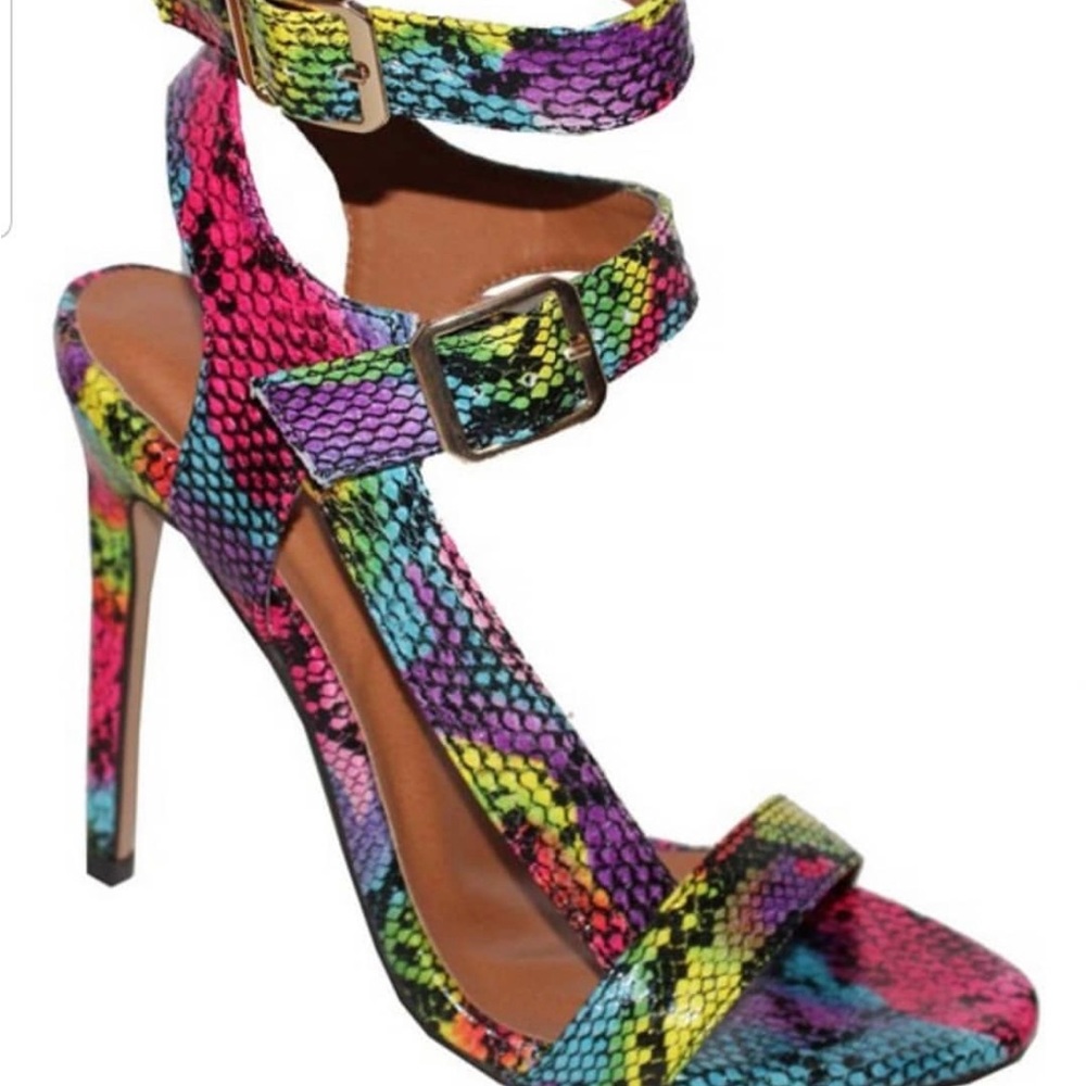 X2B colorful snakeskin double strap stiletto heels gold hardware hot pink
